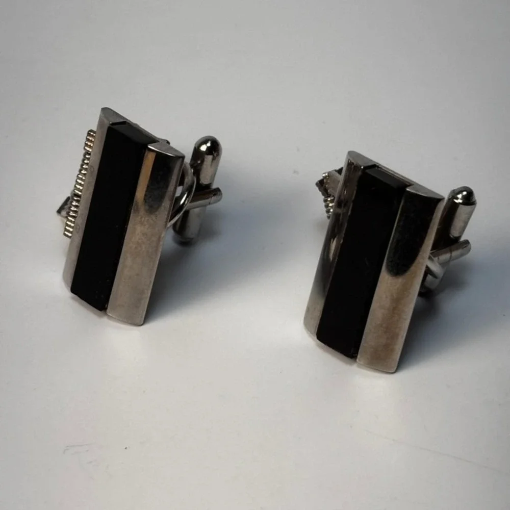 Vintage Cuff Links‎ Silver Tone Black Large Maximalism